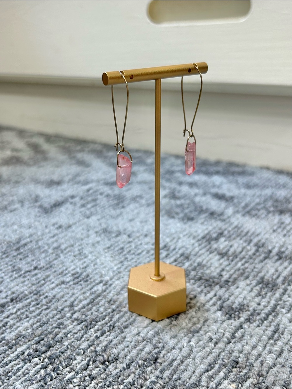 Delicate Pink Crystal Quartz Drop Gold Hoop Handmade Earrings✨